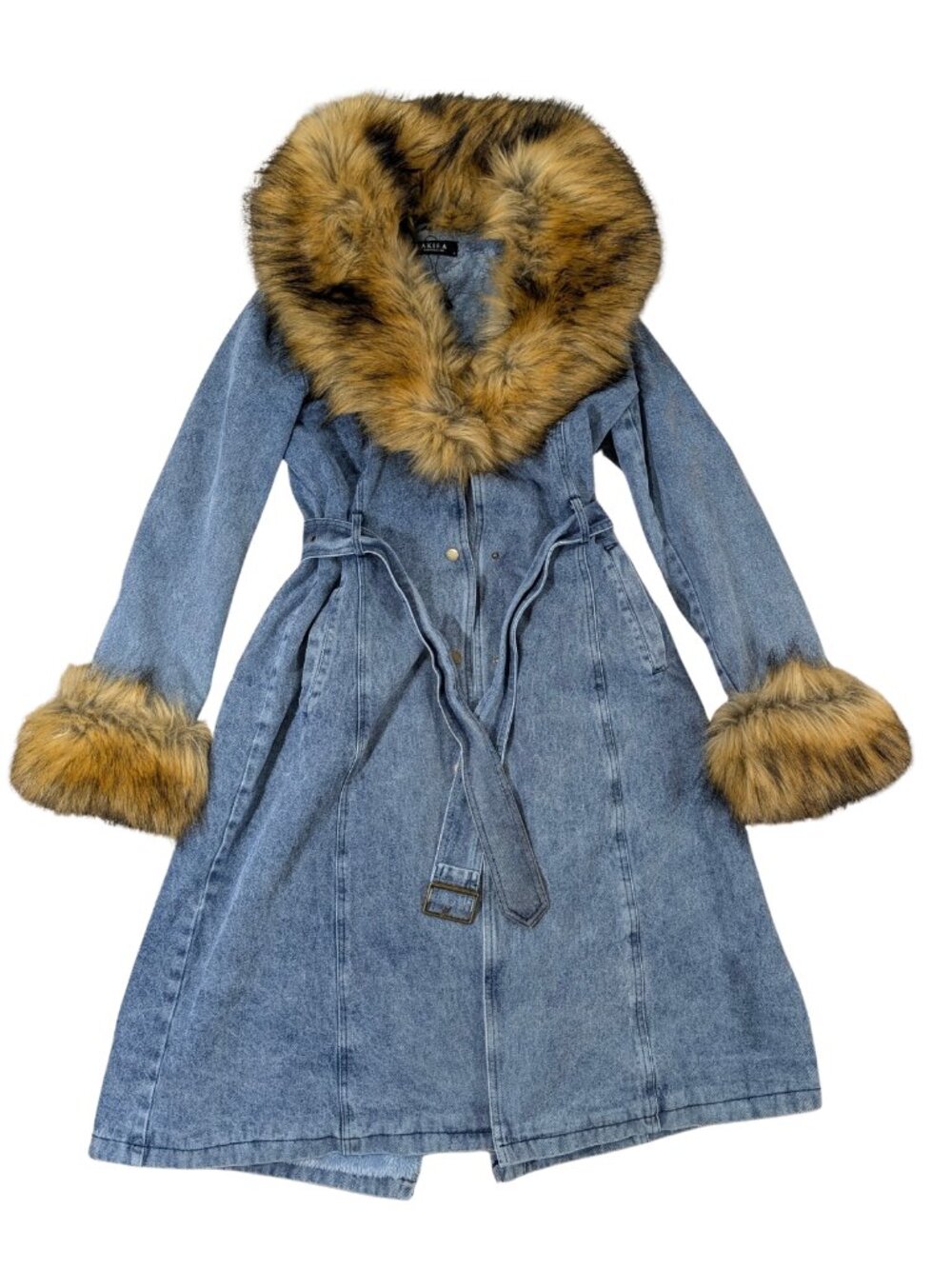 AKIRA Kaya Removable Faux Fur Trim Denim Trench Coat Belted Size Medium